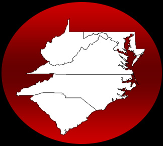 Map of Virginia, North Carolina, South Carolina, Maryland and West Virginia